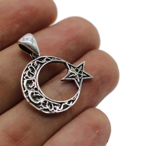 925 Silver Crescent Necklace pendant, Calligraphy Islamic Art, Islamic Metal Art, Islamic Jewelery Necklace Muslim pendant, ISN