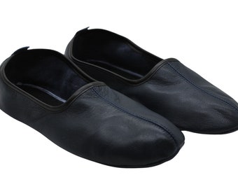 Genuine Leather Mens Babouche Slippers, Dark Blue Barefoot Moccasins, Tai Chi Shoes, Venetian Slippers, Yemeni Shoes, Flat Grounding Shoes