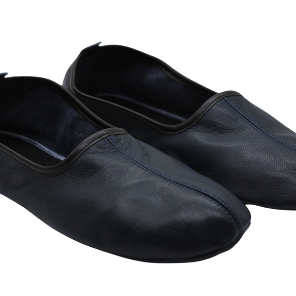 Genuine Leather Mens Babouche Slippers, Dark Blue Barefoot Moccasins, Tai Chi Shoes, Venetian Slippers, Yemeni Shoes, Flat Grounding Shoes