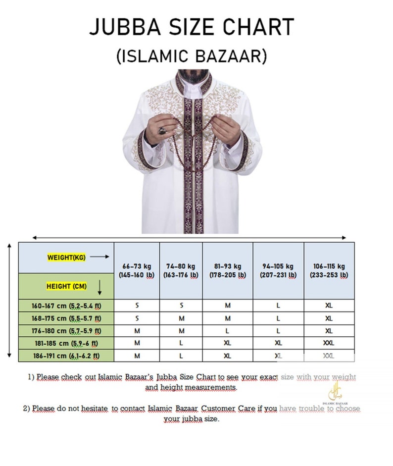 May include: A size chart for Islamic clothing, called a Jubba, with measurements in centimetres and kilograms. The chart shows the size of the Jubba based on height and weight.