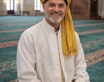 Ręcznie robiona czapka Naqshbandi, brązowo-żółta, cypryjska imama, unikatowa sztuka islamska, islamskie nakrycie głowy dla mężczyzn imama Pagri