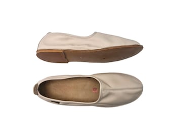 Beige damesschoenen met koperen klinknagel, aardingsschoenen, zachte leren comfortabele platte schoenen, zero drop, anatomisch ontwerp, handgemaakte schoenen