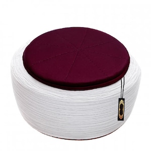 Handgemaakte Bordeaux & Witte Sarik, Pecinya, Sorban, imamah, Kufi Cap, Moslim Heren Hoed Cap, Pagri, Tulband, Skullcap, Ottomaanse Fez