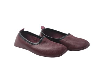 Baby Goatskin leather shoes handmade soft Bordeaux genuine leather, toddler moccasins with flexible sole for infant first walkers