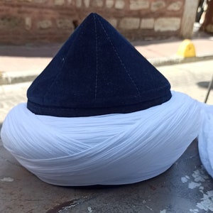 White - Navy Blue Naqshbandi Haqqani Cap, Red and White Cyprus Imamah, Unique Islamic Art, Imam Pagri Islamic Men&#39;s Head Wear
