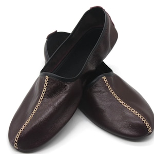 Genuine Leather Bordeaux Leather Slippers, Traditional babouche slippers, MEN&#39;s home shoes, House Slippers, Grounding Shoes, Leather Socks