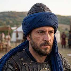 May include: A man with a blue turban and black hat, wearing chainmail and leather armour. The image shows a serious expression. The background includes tents and figures, possibly depicting a historical or cultural setting.