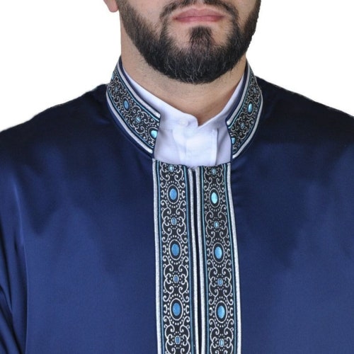 Men's Embroidered Turkish Cubbe Islamic Thobe - Navy Blue main image 0