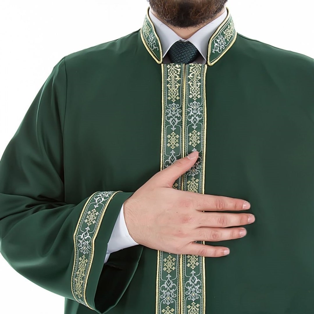 Ashaab Green Bordered Jubbah XS, S, M, L, XL, XXL Thobe, Galabiyya