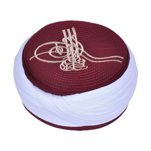 Chapéu de oração islâmica feito à mão - Boné Kufi masculino bordado Tughra vermelho Claret - Sarik - Boné de caveira -