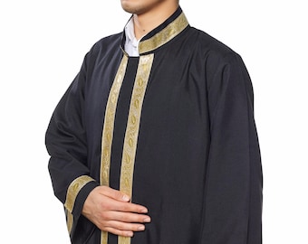 Kādis Mens Islamic Wear Black Thobe with Bordures, Black Daffah, Thawb for men, Galabiyya, Jubbah for men, Muslim Men clothing Jalabiya