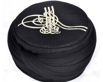 Hand Made Islamic Prayer Hat - Yellow Tughra Emroidered Kufi- Koofi imamah Cap - muslim skul cap - Islamic cap - Sarik -