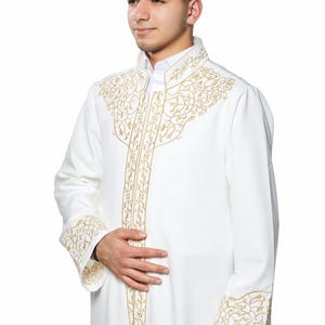 Mirac Cream Muslim Long Kurta, Muslim Mens Wear, Embroidered Thobe, Galabiyya, Jubbah Islamic Wear, Judge Collar Plain Robe,  Punto Jubbah