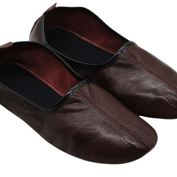 Pantoufles bordeaux en cuir véritable en taille homme, mocassins aux pieds nus, chaussures de tai chi, pantoufles vénitiennes, chaussures yéménites, chaussures de mise à la terre plates