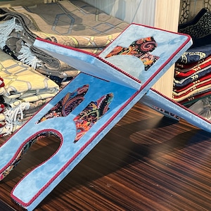 Blue Velvet Cover Holy Quran Reading Desk | Quran Holder Book Stand Rihal Rehal | Wooden Quran Stand Lectern | Islamic Gift