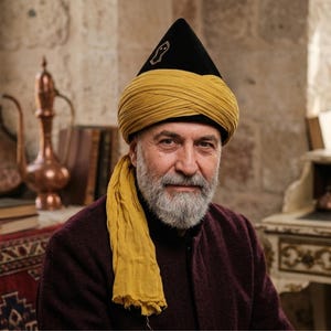 May include: A man wearing a black and yellow hat with a yellow turban and scarf. He is wearing a burgundy shirt. The background includes copper-coloured vases, books, and a desk.
