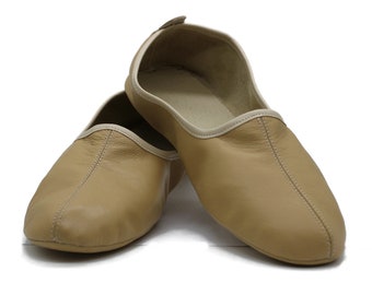 Chauffe-pieds crème en cuir véritable en taille homme, pantoufles en cuir, chaussures de Tai Chi, pantoufles vénitiennes, chaussures yéménites, chaussures de mise à la terre plates