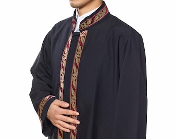 Ceyyân Mens Islamic Wear Black Thobe with Bordures, Black Daffah, Thawb for men, Galabiyya, Jubbah for men, Muslim Men clothing Jalabiya