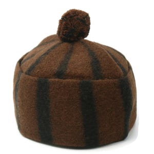 Handcrafted Brown and Black Striped Wool Hat with Pom-Pom, Cozy Autumn Winter Spring Headwear, Foldable Kufi Hat WLH