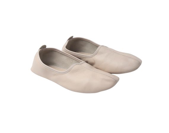 Beige Leather House Shoes for Women – Handmade Soft Grounding Shoes, Indoor Leather Slippers for Daily Wear, Tai Chi & Home Comfort