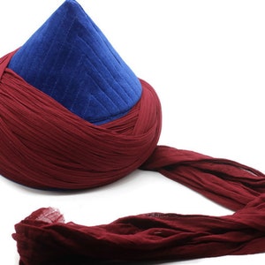 Handmade Blue and Bordeaux Naqshbandi Cap, Cyprus Imamah, Unique Islamic Art, Imam Pagri Islamic Men&#39;s Head Wear