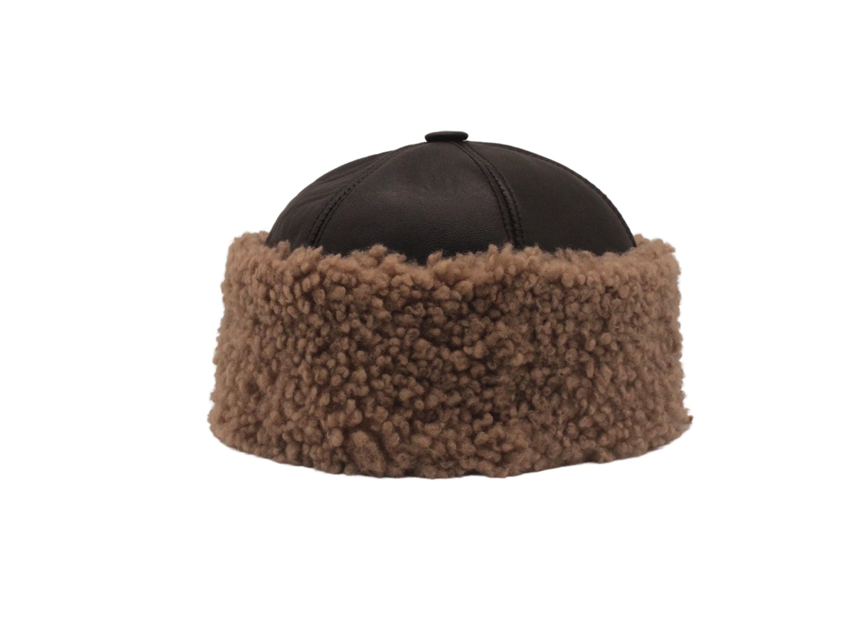 Rita Designs Genuine Shearling Leather Fur Trim Winter Hat Black Tan Handmade Zessano Leather Winter Fur Hat - Unisex Shearling 100  main image 4
