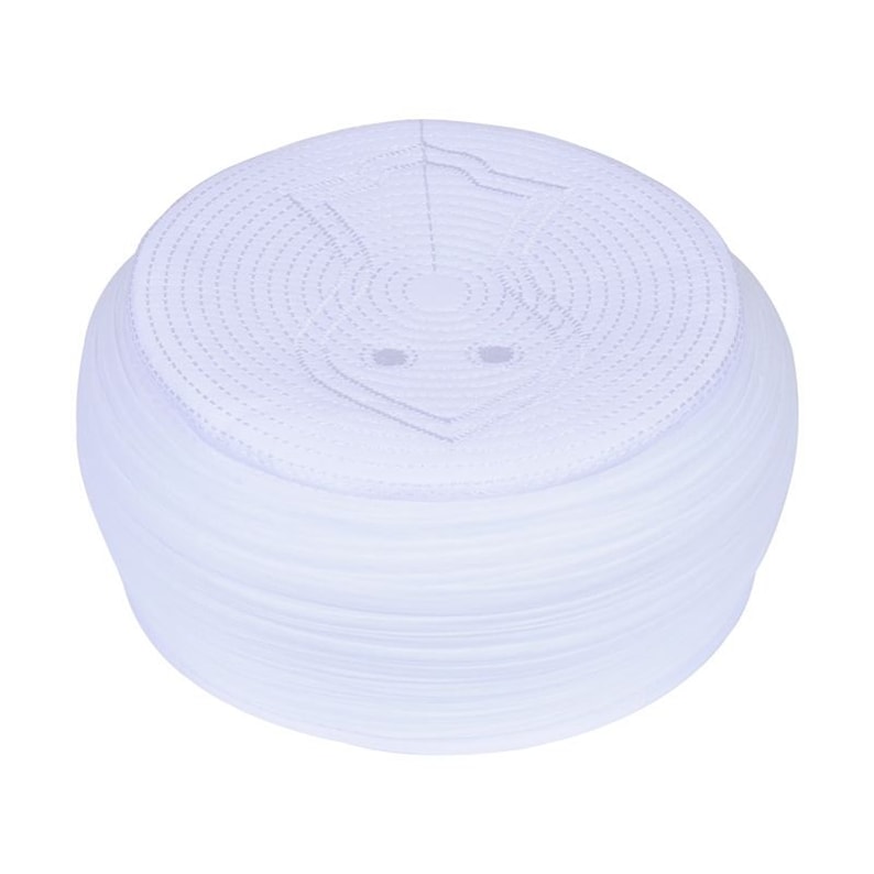 May include: White skullcap with a circular embroidered design on the top. The skullcap is made of a soft, white fabric.