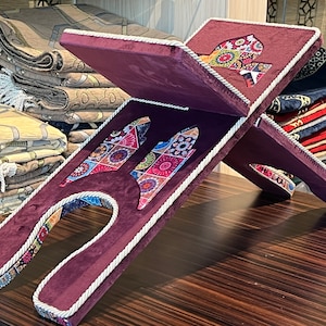 Purple Velvet Cover Holy Quran Reading Desk | Quran Holder Book Stand Rihal Rehal | Wooden Quran Stand Lectern