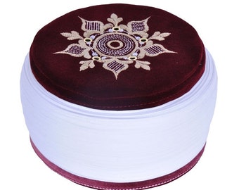 Handmade Prayer Hat Sarik - Men Kufi - Muslims Hat- Skull Cap- Secaat Claret red Kufi - 5 of air holes - imamah taqiyya -