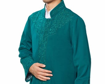 SALE SMALL Mirac Green Muslim Long Kurta, Muslim Mens Wear, Embroidered Thobe, Galabiyya, Jubbah Islamic Wear, Judge Collar Plain Robe
