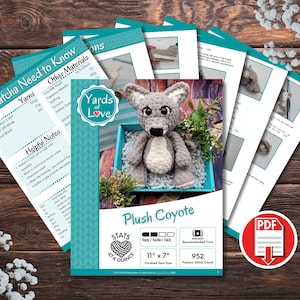 May include: A crochet pattern for a plush coyote toy. The pattern is titled "Plush Coyote" and includes instructions for making a 11" x 7" toy. The pattern is rated as easy and includes a stitch count of 952. The pattern is available as a PDF download.
