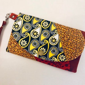 Woman wallet with wristlet in red and yellow tones boho hippie wallet and clutch