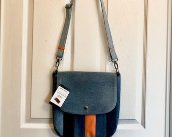 Recycled denim purse. Recycled denim crossbody bag, messenger bag, upcycled denim crossbody, recycled jeans bag