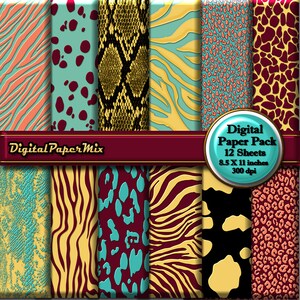 Teal Yellow Animal Print Digital Paper, Animal Print Printable Paper, Animal Print Digital Scrapbook Paper Pack, 300 DPI Instant Download