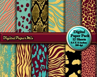 Teal Yellow Animal Print Digital Paper, Animal Print Printable Paper, Animal Print Digital Scrapbook Paper Pack, 300 DPI Instant Download