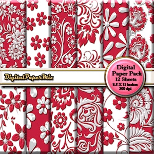 Digital Paper, Red White Floral Digital Paper, Red & White Digital Scrapbook Paper Pack, Digital Background Paper, 300 DPI, Instant Download