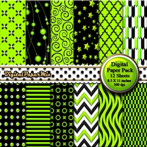 Bright Green Black Digital Paper, Embossed Digital Paper Backgrounds, Printable Paper Pack, Scrapbook Paper, 300 DPI, Instant Download