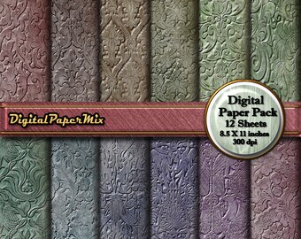 Vintage Digital Paper, Damask Distressed Digital Paper Pack Background, Grunge Embossed  Printable Scrapbook Paper, 300 DPI Instant Download