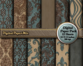 Vintage Digital Paper, Tan Teal Digital Paper Pack Background, Distressed Embossed  Printable Scrapbook Paper Pack, 300 DPI Instant Download