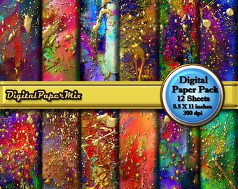 Abstract digitaal papier, Splash Gold Scrapbook Paper Pack, Splatter Reliëf Scrapbook Afdrukbaar achtergrondpapier, 300 DPI Instant Download