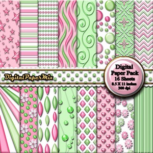 Pink Green Digital Paper, Pink Digital Paper Backgrounds, Green Printable Scrapbook Paper Pack, Damask Patterns, 300 DPI Instant Download