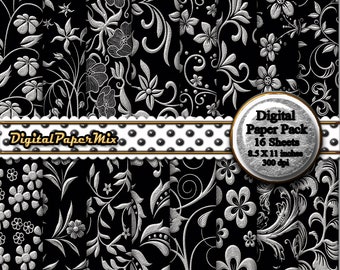 Black Silver Digital Paper, Floral Digital Paper Backgrounds, Printable Paper Pack, Black Silver Scrapbook Paper, 300 DPI Instant Download