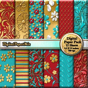 Digitaal papier, afdrukbaar papier aquarode bloemen, gouden bloemen digitaal papier, goud digitaal plakboekpapier, 300 dpi instant download