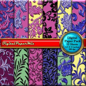 Digital Paper, Pink Blue Digital Paper, Printable Scrapbook Paper Pack, Yellow Digital Background Paper Pack, 300 DPI Instant Download