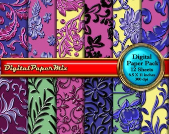 Digital Paper, Pink Blue Digital Paper, Printable Scrapbook Paper Pack, Yellow Digital Background Paper Pack, 300 DPI Instant Download