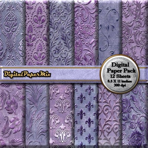 Papel digital roxo vintage, fundo de papel digital roxo, papel de scrapbook para impressão com padrões roxos vintage, download instantâneo de 300 DPI