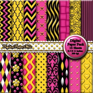 Pink Yellow Digital Paper, Pink Digital Paper Backgrounds, Yellow Printable Scrapbook Paper Pack, Damask Patterns, 300 DPI Instant Download