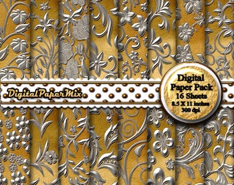 Papel digital dorado y plateado, fondos de papel digital, papel de scrapbooking imprimible con estampados florales, papel dorado y plateado, descarga instantánea de 300 DPI