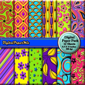 Digital Paper, Neon Multi Colors Digital Paper Background, Rainbow Printable Paper Pack, Digital Scrapbook Paper, 300 DPI, Instant Download