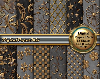 Digitaal papier, vintage grijsgouden plakboekpapierpakket, digitaal papierpakket met reliëfbloemen, gouden achtergrondpapier, 300 dpi direct downloaden